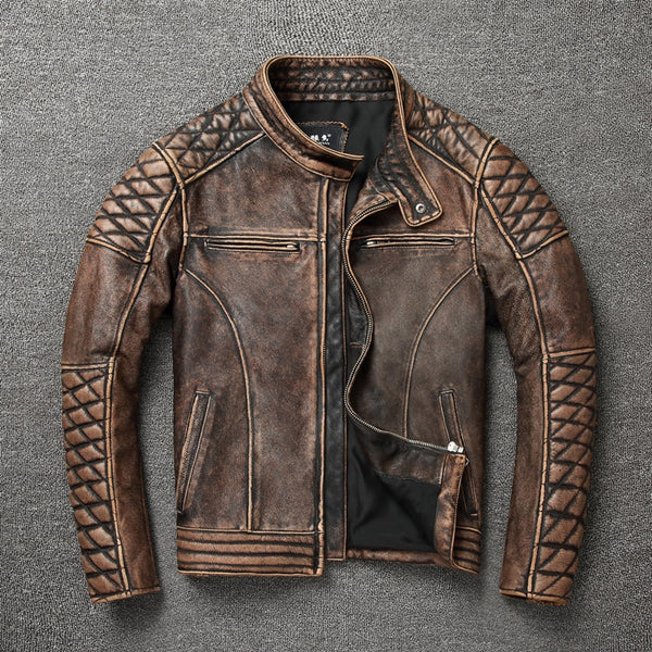 Free shipping.Heavy vintage brown genuine leather jacket.mens slim motor biker cowhide coat.quality plus size leather clothes. ZopiStyle