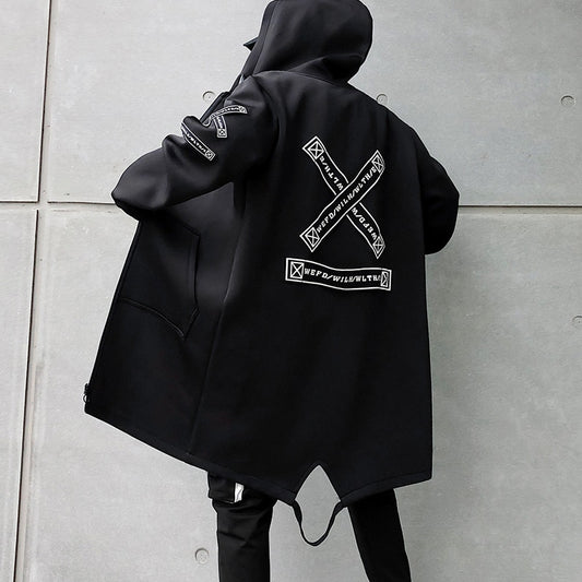 2022 Autumn Men Hooded Jackets Print Harajuku Windbreaker Ribbon Overcoat Male Casual Outwear Hip Hop Streetwear Coats LBZ155 ZopiStyle
