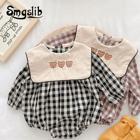 SMGSLIB 2021 New Todder Bodysuits Little Bear Print Long Sleeve Baby Girls Bodysuit Kid Plaid Jumpsuit Clothes baby girl outfit ZopiStyle