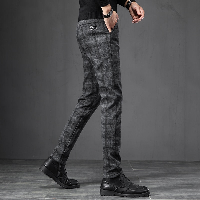 2022 Autumn Winter England Plaid Work Stretch Pants Men Business Fashion Slim Thick Grey Blue Casual Pant Male Brand Trousers 38 ZopiStyle
