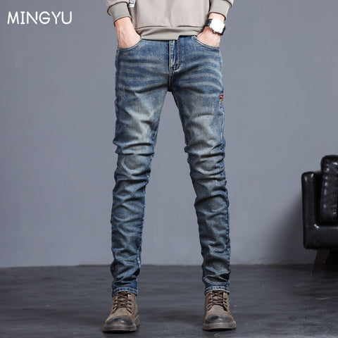 2022 New Spring Autumn Men's Jeans Vintage blue Solid color Elastic Classic Jeans Men Slim Fashion Denim Trousers Male 27-36 ZopiStyle