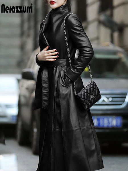 Nerazzurri Autumn Long Brown Black Soft Faux Leather Trench Coat for Women Belt Skirted Elegant Luxury Fashion 5xl 6xl 7xl 2022 ZopiStyle