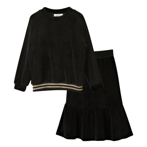 4 to 16 years kids &amp; teenager big girls black velour long sleeve blouse with fishtail flare skirt 2 pieces set velvet clothes ZopiStyle