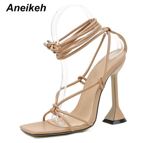 Aneikeh Fashion 2023NEW Summer Women&#39;s Sandals PU Lace-Up Thin High Cover Heel Shallow Mature Serpentine Dance Solid Pumps 35-40 ZopiStyle
