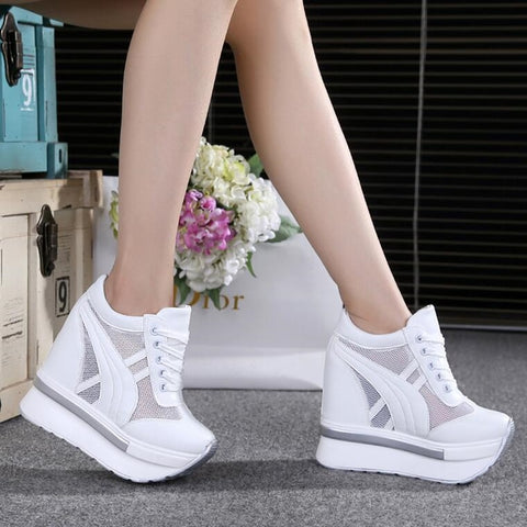 NEW Classic Women Mesh Platform Sneakers Trainers White Shoes 10CM High Heels Wedges Outdoor Shoes Breathable Casual Shoes Woman ZopiStyle