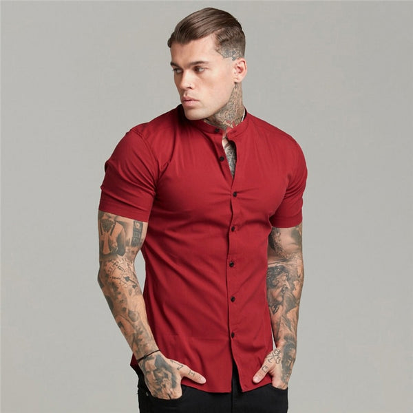New Arrivals Summer Man Short Sleeve Shirt Solid Fitness Mens Stand Collar Super Slim Fit Business Dress Shirt Button Gym Tops ZopiStyle