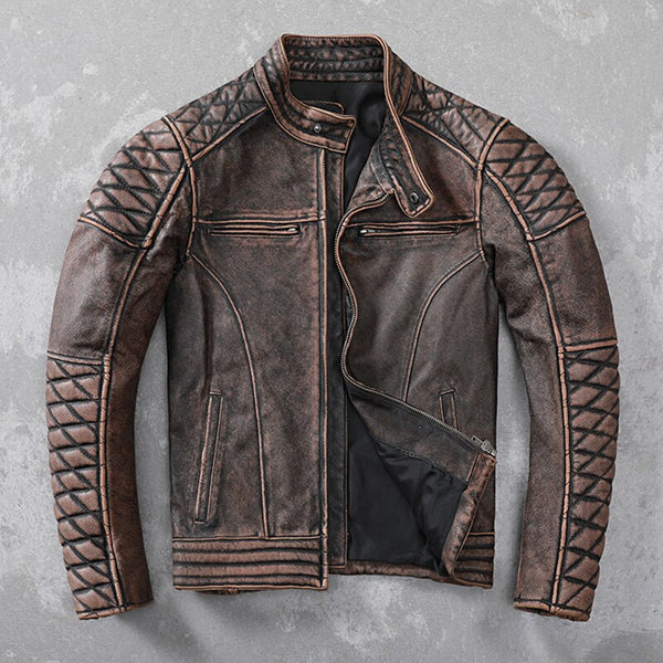 Free shipping.Heavy vintage brown genuine leather jacket.mens slim motor biker cowhide coat.quality plus size leather clothes. ZopiStyle