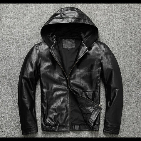 Free shipping.Dropship.sales men genuine leather hoody.Plus size black cowhide coat.quality outdoor fashion leather jacket. ZopiStyle