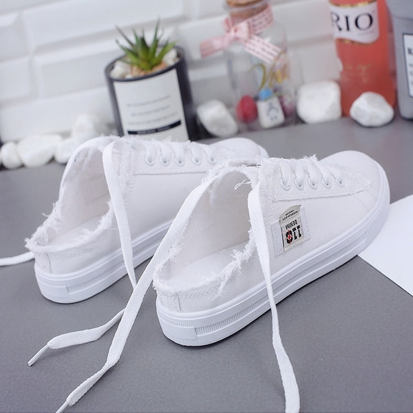 New 2019 Spring Summer Women Canvas Shoes flat sneakers women casual shoes low upper lace up white shoes ZopiStyle