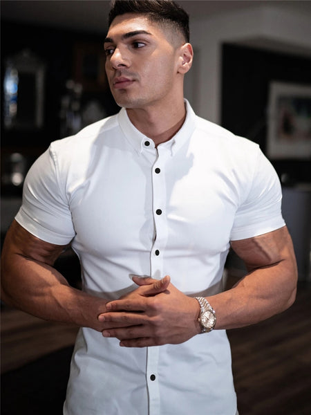 Men Fashion Casual Short Sleeve Solid Shirt Super Slim Fit Male Social Business Dress Shirt Brand Men Fitness Sports Clothing ZopiStyle
