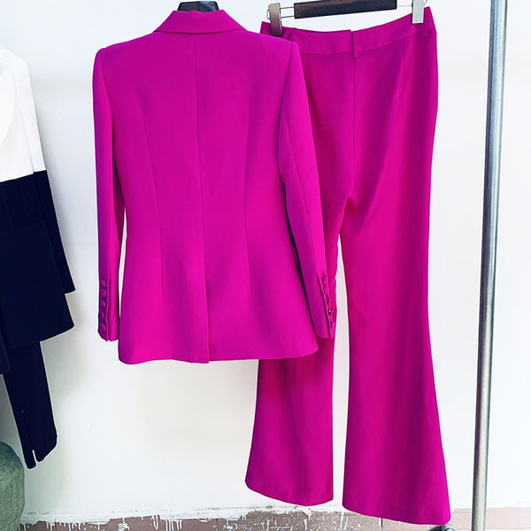 HIGH QUALITY Newest 2023 Runway Designer Suit Set Women&#39;s Single Button Blazer Flare Pants Suit Fluorescent Purple ZopiStyle