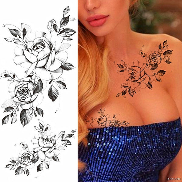 Black Flower Temporary Tattoos Sticker Arm Sleeve Rose Moon Butterfly Snake Henna Body Decorate Realistic Fake 3D Women Totem ZopiStyle