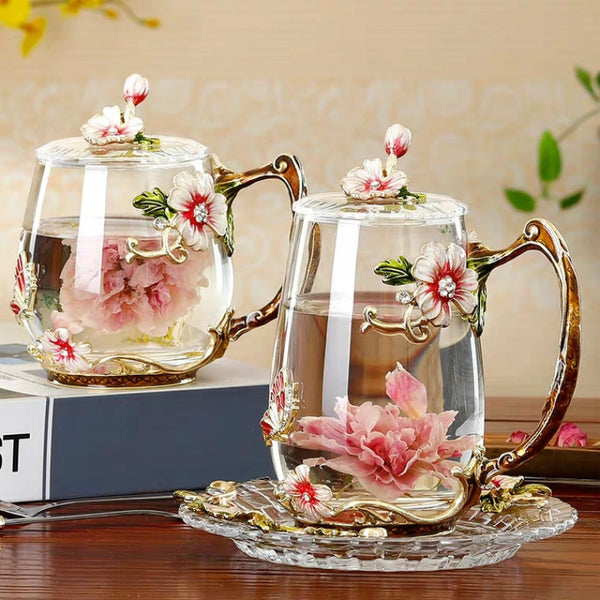 Beauty And Novelty Enamel Coffee Cup Mug Flower Tea Glass Cups for Hot and Cold Drinks Tea Cup Spoon Set Perfect Wedding Gift ZopiStyle