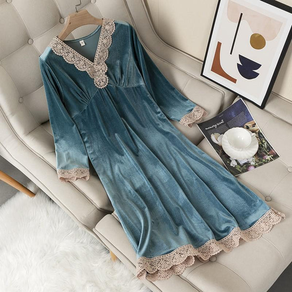 Nightgown Autumn V-Neck Nightdress Women Sleepwear Velvet Nightwear Home Dressing Gown Long Sleeve Intimate Lingerie Negligee ZopiStyle