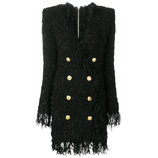 HIGH QUALITY Newest 2023 Designer Runway Women&#39;s Long Sleeve Metal Lion Buttons Fringed Tweed Tassel Dress ZopiStyle