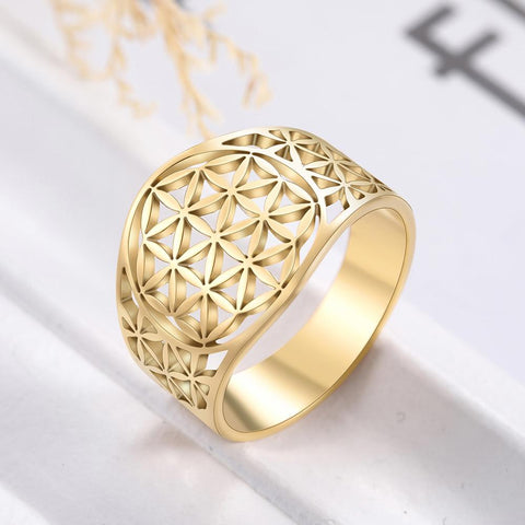 Skyrim Elegant Flower of Life Rings Viking Vintage Stainless Steel Gold Color Geometric Women Ring Wholesale Anniversary Gift ZopiStyle