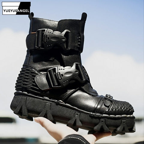 Punk Boots Men Combat Biker Genuine Leather Boots Winter Round Toe Platform Work Military High Top Boots Shoes 37-50 ZopiStyle