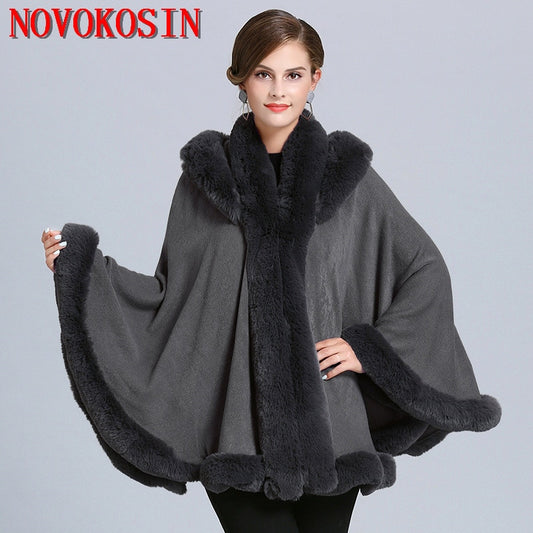 5 Color Winter Cape Thick Grey Black 2022 Poncho Women Faux Fur Neck Knitted Cloak Plus Size Big Pendulum Dovetail Cardigan Coat ZopiStyle
