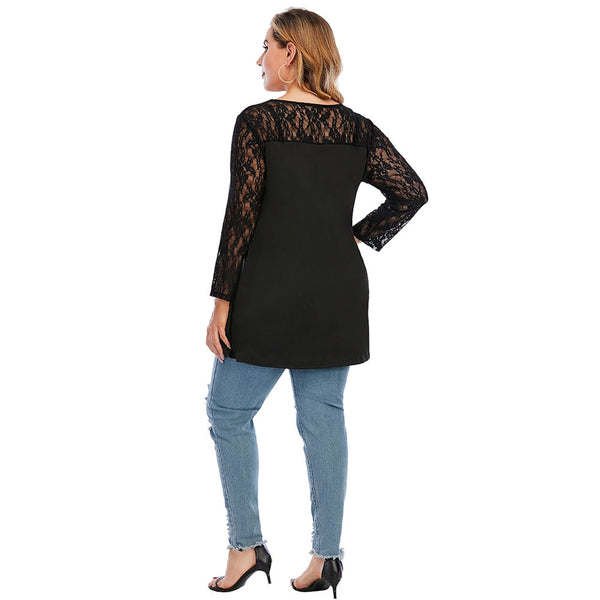 2021 Women's T-shirts Plus Size 4XL 5XL Femme V Neck Lace Sleeve Casual Tops Black Stretch Oversized T-shirt Women Clothing ZopiStyle