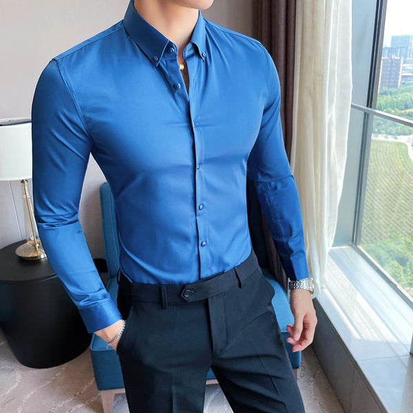 Plus Size 5XL-M British Style Solid Long Sleeve Shirt Men Clothing Simple Slim Fit Business Casual Chemise Homme Formal Wear Hot ZopiStyle