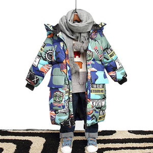Jacket for Boys 2022 New Brand Hooded Winter Jackets Graffiti Camouflage Parkas For Teenagers Boys Thick Long Coat Kids Clothes ZopiStyle