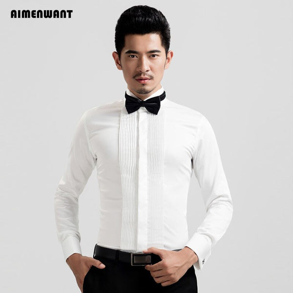 AIMENWANT 2022 Tuxedo Shirts Mens Korea Slim Fit Bow Tie Wedding Shirt White Business French-cuffed Shirt Dress Shirts ZopiStyle