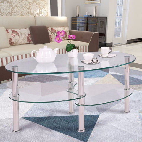 Goplus Tempered Glass Oval Side Coffee Table Shelf Chrome Base Living Room Clear Black Modern Coffee Table HW54317 ZopiStyle