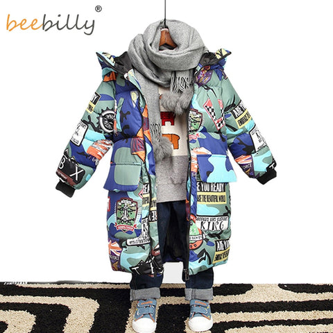 Jacket for Boys 2022 New Brand Hooded Winter Jackets Graffiti Camouflage Parkas For Teenagers Boys Thick Long Coat Kids Clothes ZopiStyle
