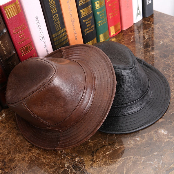 Male 100% Genuine Leather Jazz Hat Adult Fedoras Hat Male Sheepskin Fedoras Cap Men&#39;s Wide Brim Leather Cowboy Hat B-7284 ZopiStyle