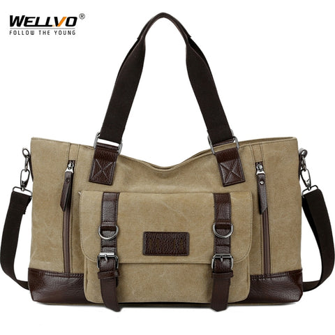 Wellvo Canvas Men Vintage Travel Bag Carry on  Leather Duffel HandBags Large Travel Luggage Tote Weekend Crossbody Bag XA101WC ZopiStyle