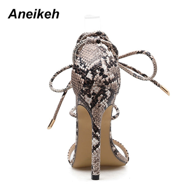 Aneikeh Fashion 2023NEW Summer Women&#39;s Sandals PU Lace-Up Thin High Cover Heel Shallow Mature Serpentine Dance Solid Pumps 35-40 ZopiStyle