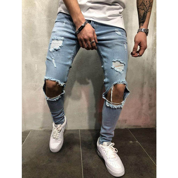 Fashion Streetwear Men's Jeans Vintage Blue Gray Color Skinny Destroyed Ripped Jeans Broken Punk Pants Homme Hip Hop Jeans Men ZopiStyle