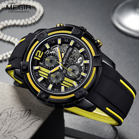 Megir Men&#39;s Black Silicone Strap Quartz Watches Chronograph Sports Wristwatch for Man 3atm Waterproof Luminous Hands 2097 Yellow ZopiStyle