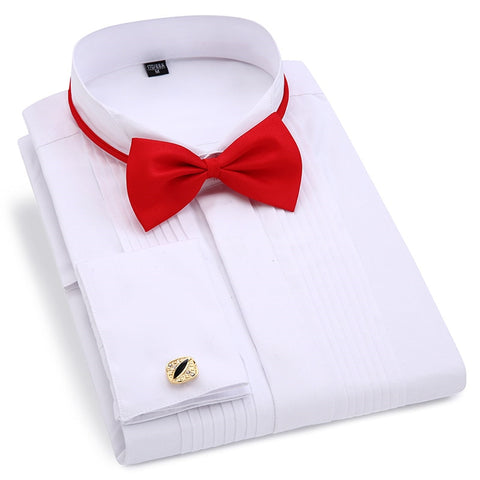 Men Wedding Tuxedo Long Sleeve Dress Shirts French Cufflinks Swallowtail Fold Dark Button Design Gentleman Shirt White Red Black ZopiStyle