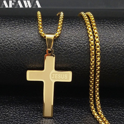 Stainless Steel Long JESUS CROSS Necklaces for Men Jewelry Gold Color Chain Necklaces Jewelry corrente masculina N1174S02 ZopiStyle