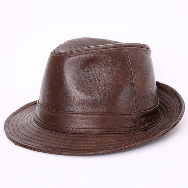 Male 100% Genuine Leather Jazz Hat Adult Fedoras Hat Male Sheepskin Fedoras Cap Men&#39;s Wide Brim Leather Cowboy Hat B-7284 ZopiStyle