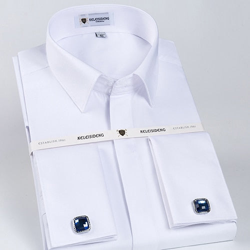 Men&#39;s Classic French Cuff Hidden Button Dress Shirt Long-sleeve Formal Business Standard-fit White Shirts (Cufflinks Included) ZopiStyle