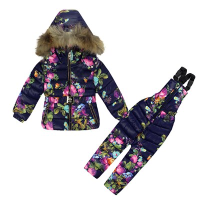 Baby Girl Winter Warm Outfit Clothing Set Fur Down Coat +Overalls Suits Windproof Snowsuit 1 - 3 Years Flowers Toddler Ski Suit ZopiStyle
