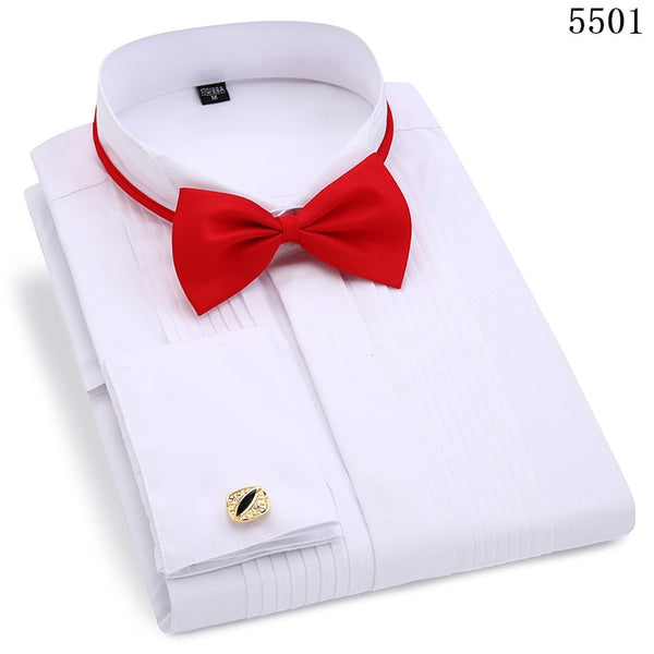 Men Wedding Tuxedo Long Sleeve Dress Shirts French Cufflinks Swallowtail Fold Dark Button Design Gentleman Shirt White Red Black ZopiStyle