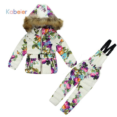 Baby Girl Winter Warm Outfit Clothing Set Fur Down Coat +Overalls Suits Windproof Snowsuit 1 - 3 Years Flowers Toddler Ski Suit ZopiStyle