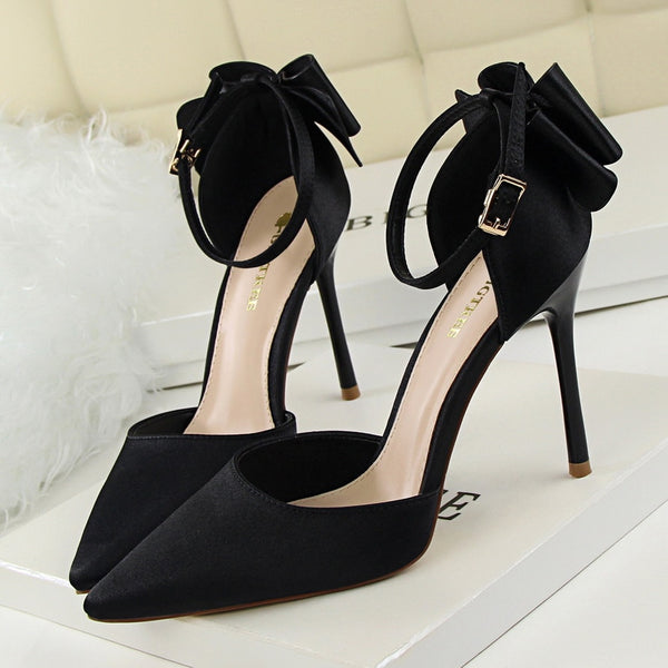 2019 Bow Women Shoes Pointed Toe Pumps Dress Shoes High Heels Boat Shoes Wedding Shoes tenis feminino Side with Plus size 34-43 ZopiStyle