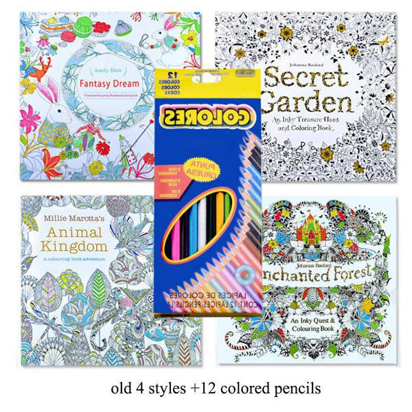 1 Set 4 Coloring Books +12/24 Colored Pencils Kit Creative Drawing Painting Coloring Book For Children Student Graffiti Books ZopiStyle