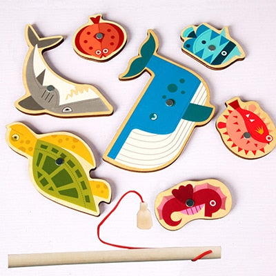 Magnetic Fishing Game Marine Life Cognition Color Number Wooden Toys for Children Montessori Early Educational Parent-child Game ZopiStyle