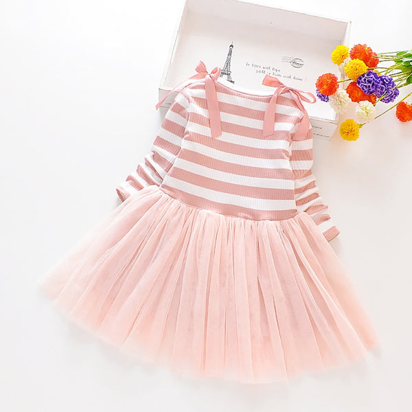 Kids Striped Knitted Mesh Dress for Girl Long Sleeves Spring Pearl TUTU Birthday Bowknot Clothing Autumn Winter Costume ZopiStyle