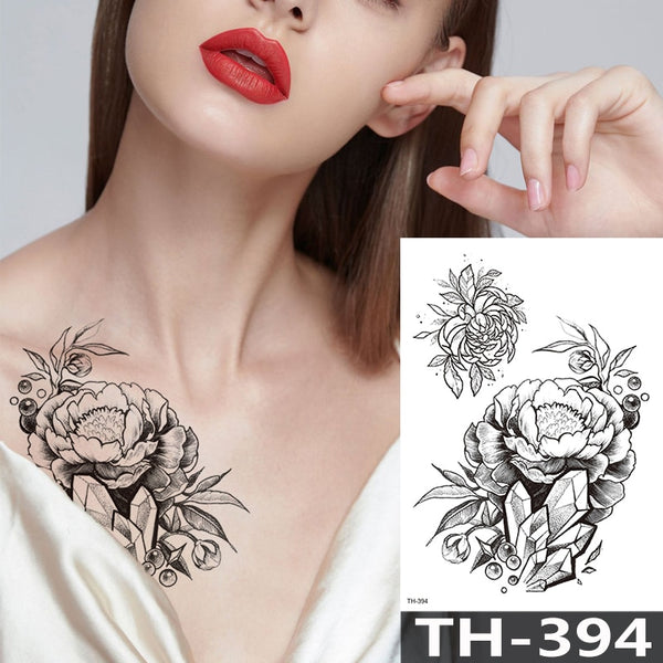 Rose Peony Flower Girls Temporary Tattoos For Women Waterproof Black Tattoo Stickers 3D Blossom Lady Shoulder DIY Tatoos ZopiStyle