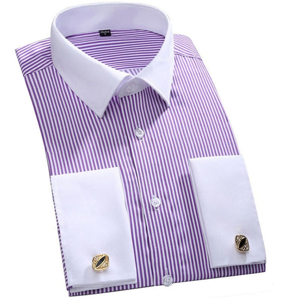 Men&#39;s Classic French Cuffs Striped Dress Shirt Single Patch Pocket Standard-fit Long Sleeve Wedding Shirts (Cufflink Included) ZopiStyle