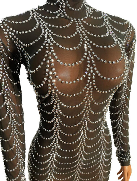 Black Mesh Sparkly Silver Rhinestones Transparent Dress  Women Evening Birthday Celebrate Dance Costume Show Outfit Wear ZopiStyle