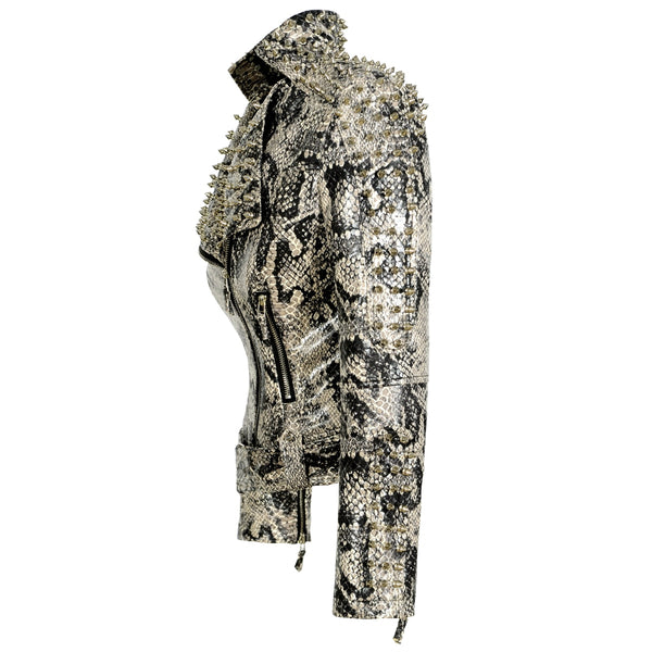 New Women Spring Leopard Print PU Rivet Jacket Zipper Studs Coat Lapel Collar Moto Belt Female Faux Leather Windbreak Outerwear ZopiStyle