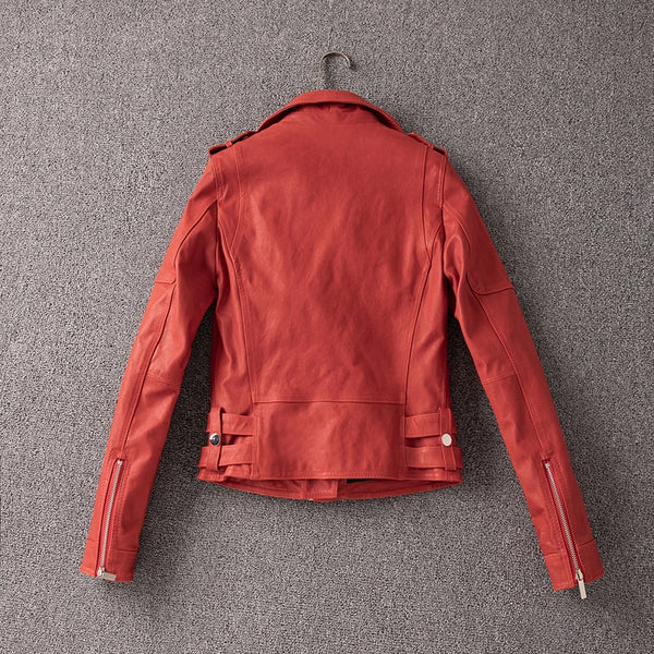 Free shipping.Women short genuine Leather jacket.Motor biker slim leather coat.Red quality tanned sheepskin leather clothing. ZopiStyle