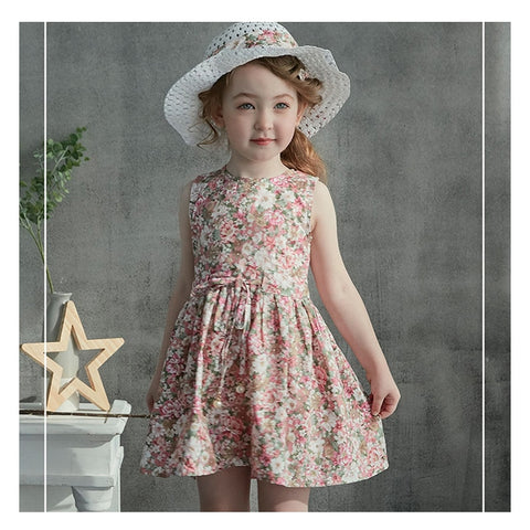 Girl Dress+Hat Set 2 3 4 5 6 7 Years Summer 2021 Cotton Sleeveless Beach Floral Dress Pink Blue Kids Dresses for Girls Clothing